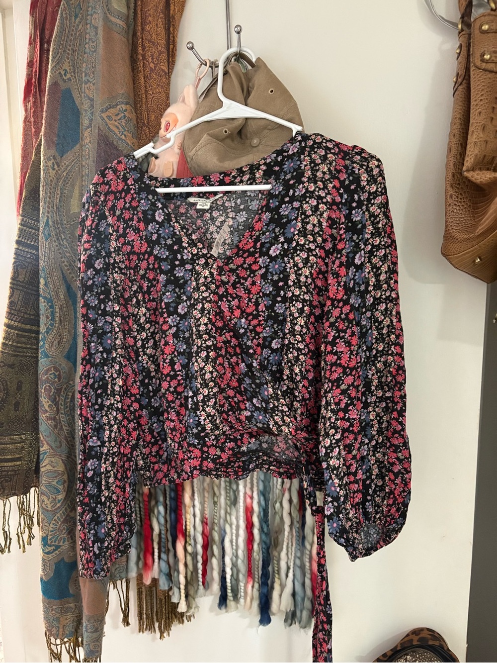 American Eagle Outfitters Black Floral Wrap Blouse with Pink & Purple Flowers